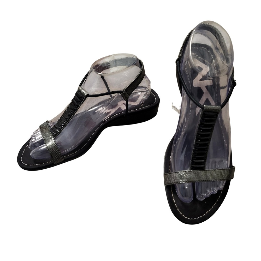 Anne Klein Sport Womens Black Silver Metallic T-Strap Low Wedge Sandals 7.5